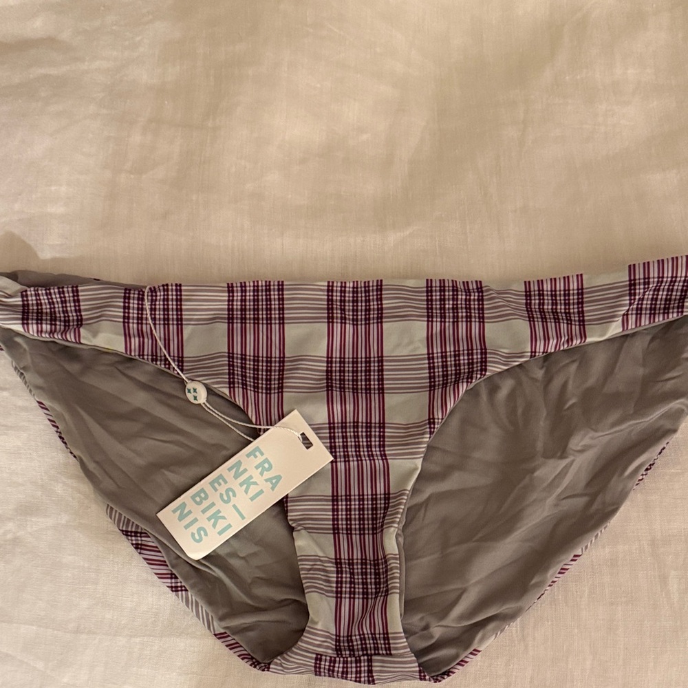 Frankie's Bikinis Gray and Burgundy Plaid Bikini Bottom
